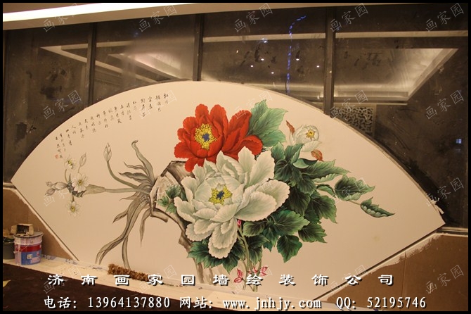 工笔牡丹墙绘画 工笔牡丹墙绘画